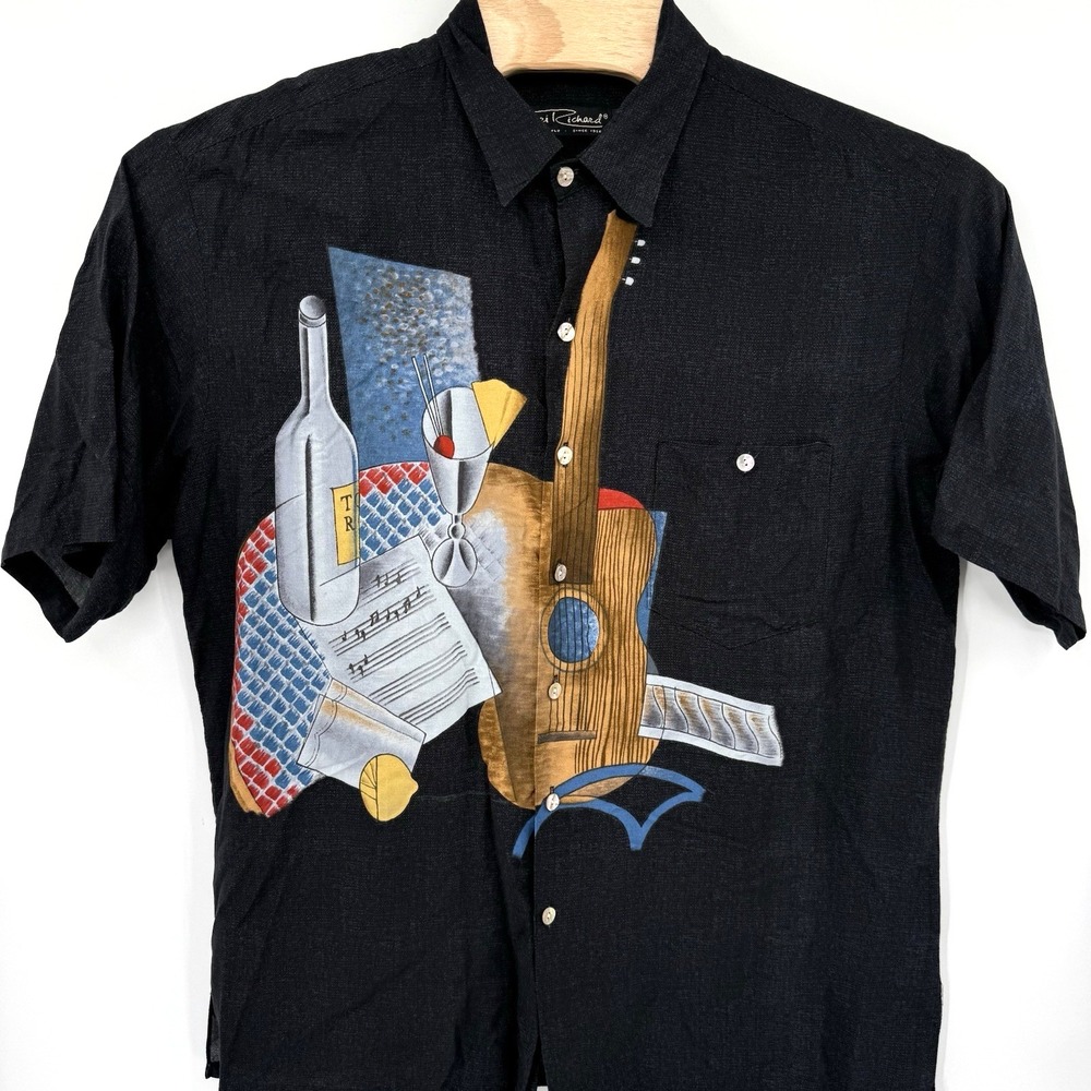 Tori Richard Button Down Shirt Men XL Black Guitar Martini Graphic Aloha